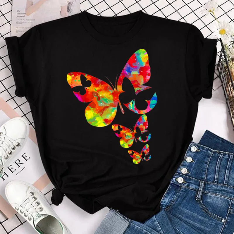New Blue Butterfly Floral Printed T-Shirt Women's Summer Casual Short Sleeve O-neck Tops 90s Fashion Graphic Female Tops Tees