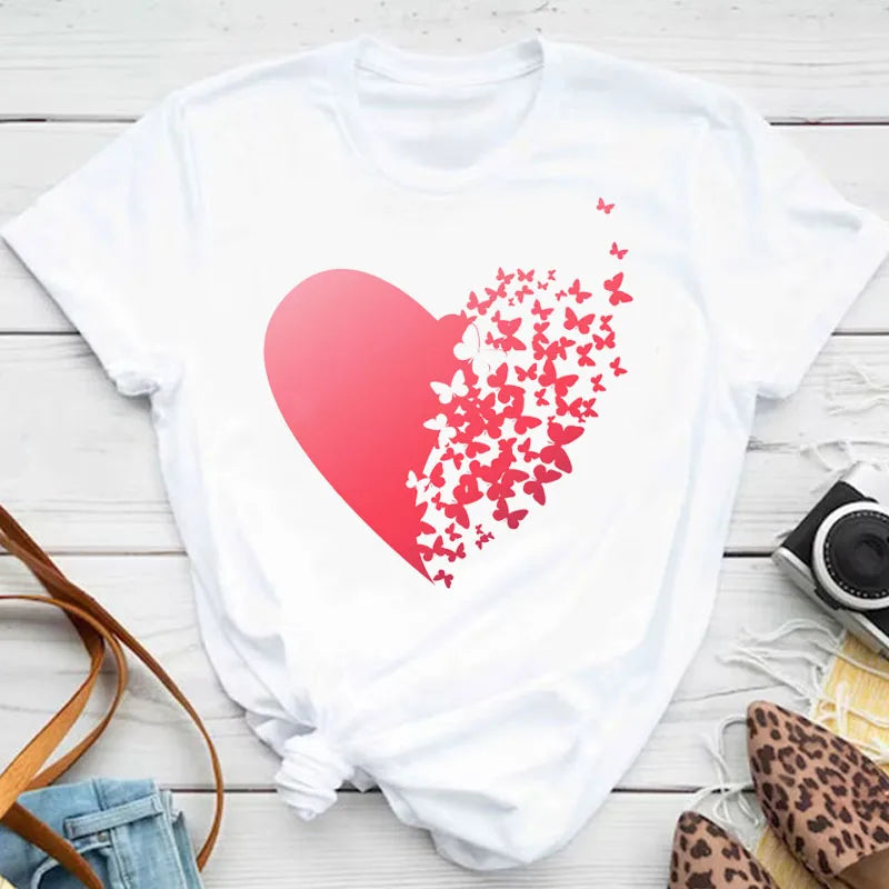 New Blue Butterfly Floral Printed T-Shirt Women's Summer Casual Short Sleeve O-neck Tops 90s Fashion Graphic Female Tops Tees