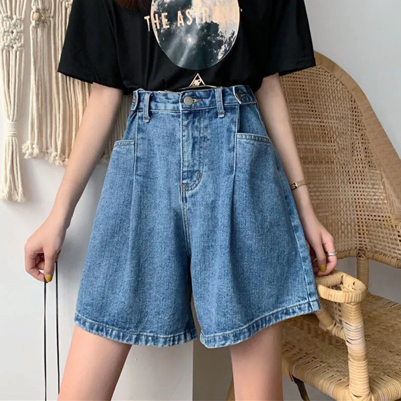 Women High Waist Denim Shorts 2024 Summer Wide Leg Straight Short Pants Vintage Streetwear Thin Female Casual Loose Jeans Shorts