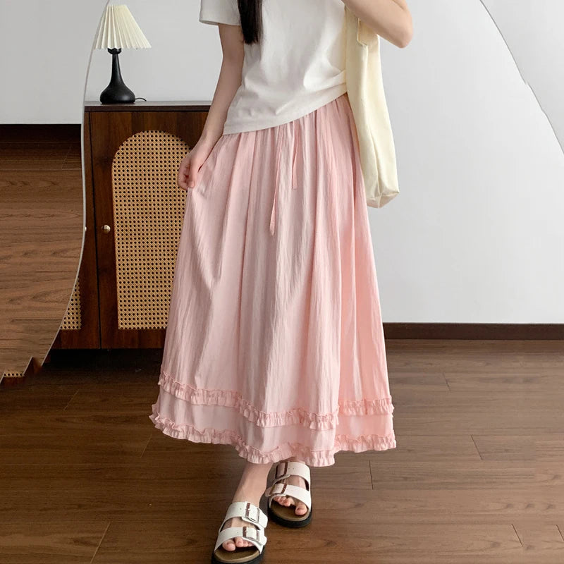 Summer Solid Color Ruffles Long Skirts Women Comfortable Elastic Waist Sweet Skirt Woman 2026 Korean Ice Silk A Line Midi Skirts