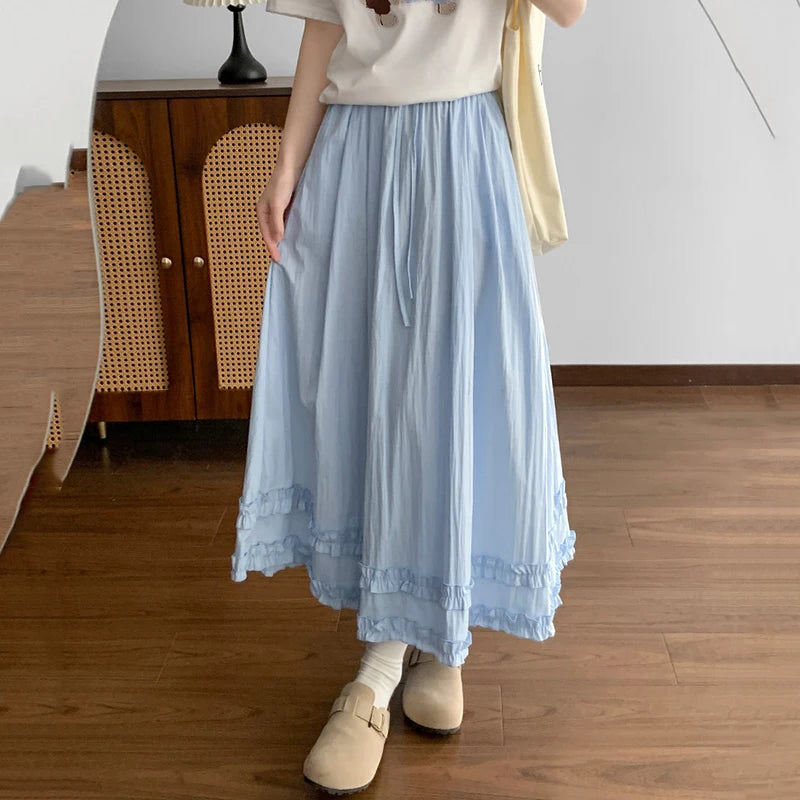 Summer Solid Color Ruffles Long Skirts Women Comfortable Elastic Waist Sweet Skirt Woman 2026 Korean Ice Silk A Line Midi Skirts