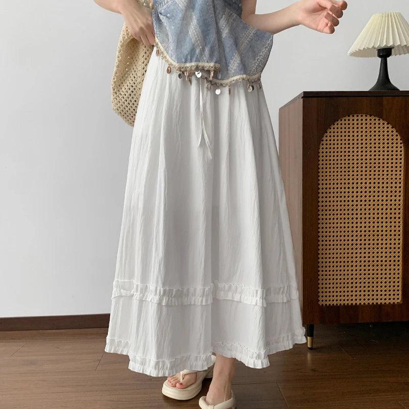 Summer Solid Color Ruffles Long Skirts Women Comfortable Elastic Waist Sweet Skirt Woman 2026 Korean Ice Silk A Line Midi Skirts