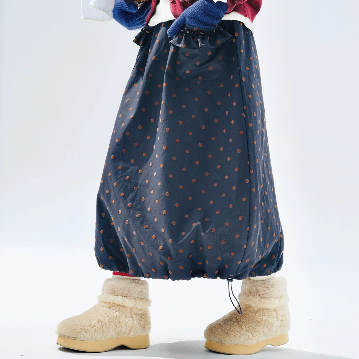 Blue A-Line Vintage Polka Dot Cotton Skirt | imakokoni 2025 Winter - Commuting Casual All-Match Warm Midi Skirt 255282