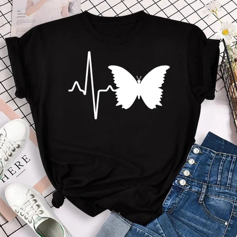 New Blue Butterfly Floral Printed T-Shirt Women's Summer Casual Short Sleeve O-neck Tops 90s Fashion Graphic Female Tops Tees