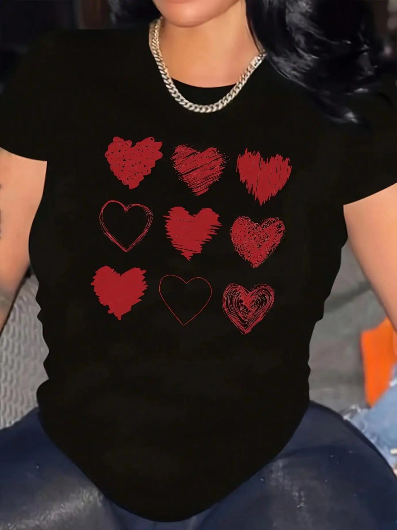 Plus Size Women's Black T-Shirt with Red Heart Design - Short Sleeve, Round Neck, Stretchy Polyester Blend, Machine Washable