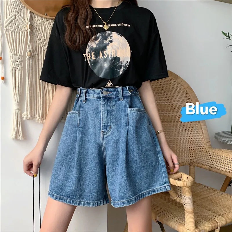 Women High Waist Denim Shorts 2024 Summer Wide Leg Straight Short Pants Vintage Streetwear Thin Female Casual Loose Jeans Shorts