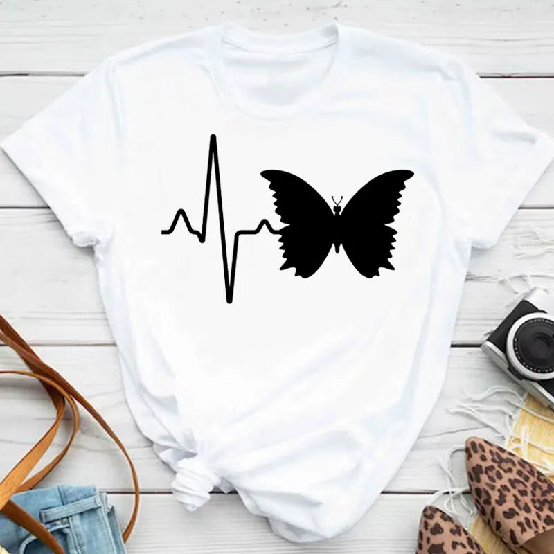 New Blue Butterfly Floral Printed T-Shirt Women's Summer Casual Short Sleeve O-neck Tops 90s Fashion Graphic Female Tops Tees