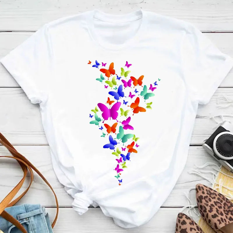 New Blue Butterfly Floral Printed T-Shirt Women's Summer Casual Short Sleeve O-neck Tops 90s Fashion Graphic Female Tops Tees