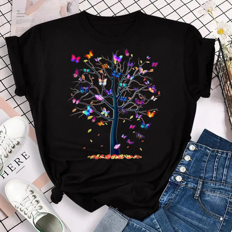 New Blue Butterfly Floral Printed T-Shirt Women's Summer Casual Short Sleeve O-neck Tops 90s Fashion Graphic Female Tops Tees