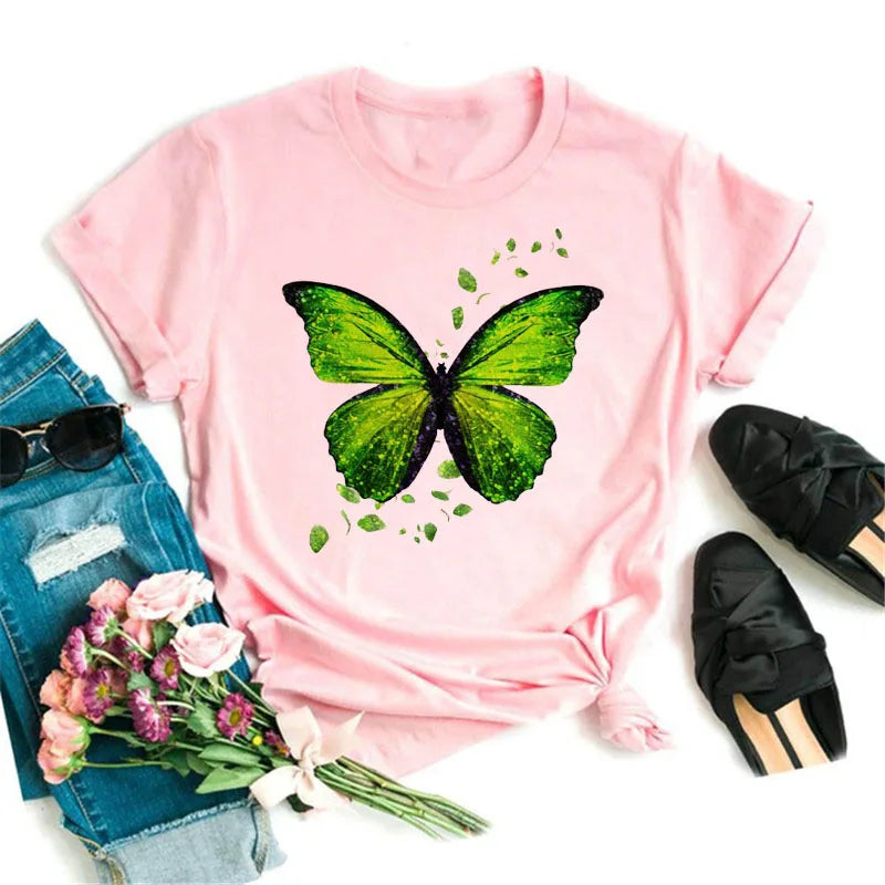 New Blue Butterfly Floral Printed T-Shirt Women's Summer Casual Short Sleeve O-neck Tops 90s Fashion Graphic Female Tops Tees