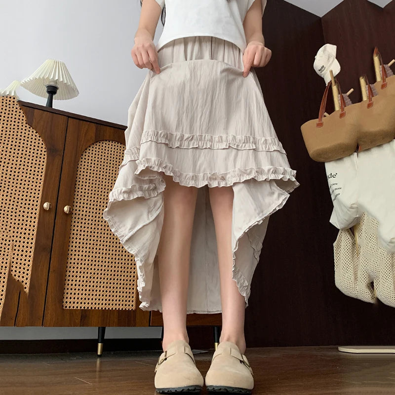 Summer Solid Color Ruffles Long Skirts Women Comfortable Elastic Waist Sweet Skirt Woman 2026 Korean Ice Silk A Line Midi Skirts