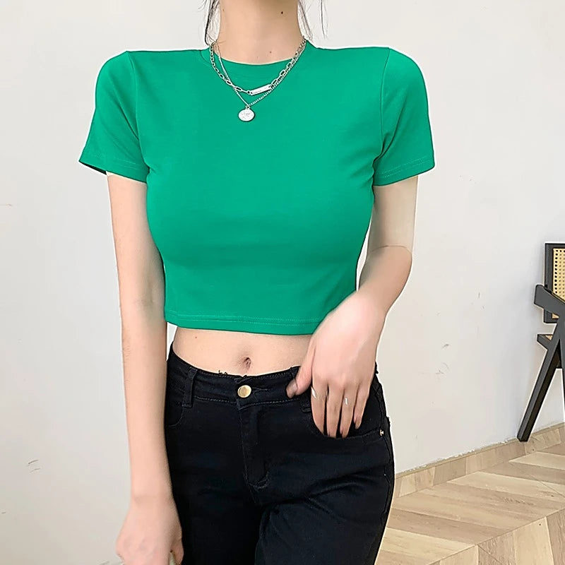 Zjaiss 2026 Summer New Women's Short Sleeve T-Shirt Trendy Casual Versatile Solid Color Tops Korean Style Slim O-neck Tee