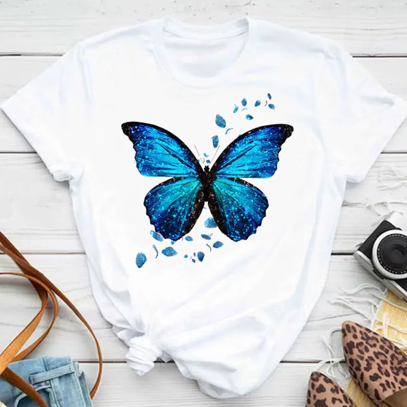 New Blue Butterfly Floral Printed T-Shirt Women's Summer Casual Short Sleeve O-neck Tops 90s Fashion Graphic Female Tops Tees