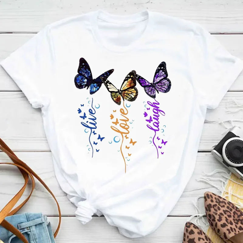New Blue Butterfly Floral Printed T-Shirt Women's Summer Casual Short Sleeve O-neck Tops 90s Fashion Graphic Female Tops Tees