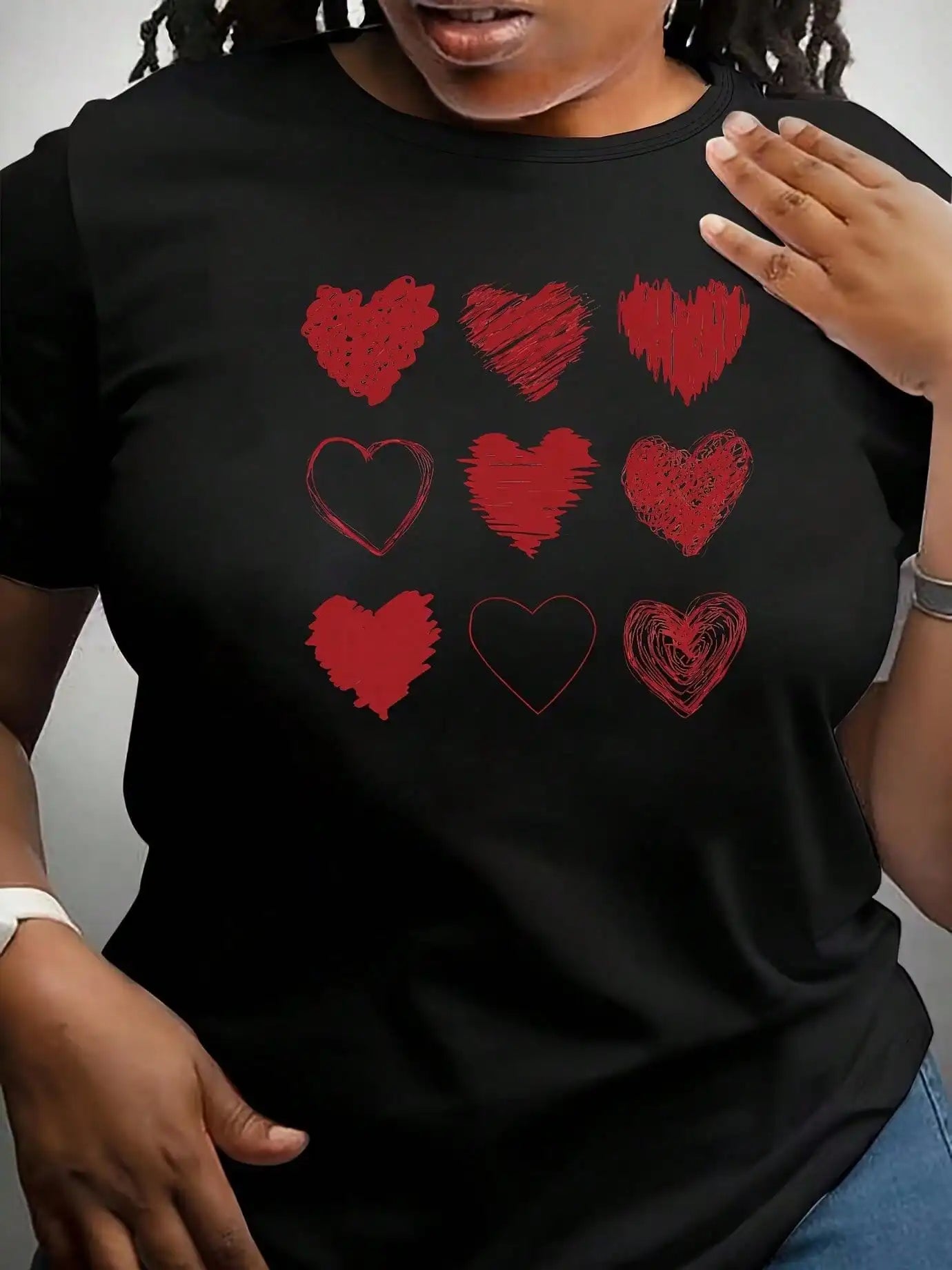 Plus Size Women's Black T-Shirt with Red Heart Design - Short Sleeve, Round Neck, Stretchy Polyester Blend, Machine Washable