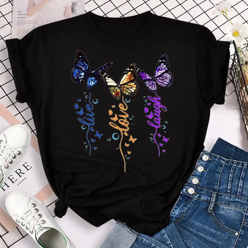 New Blue Butterfly Floral Printed T-Shirt Women's Summer Casual Short Sleeve O-neck Tops 90s Fashion Graphic Female Tops Tees