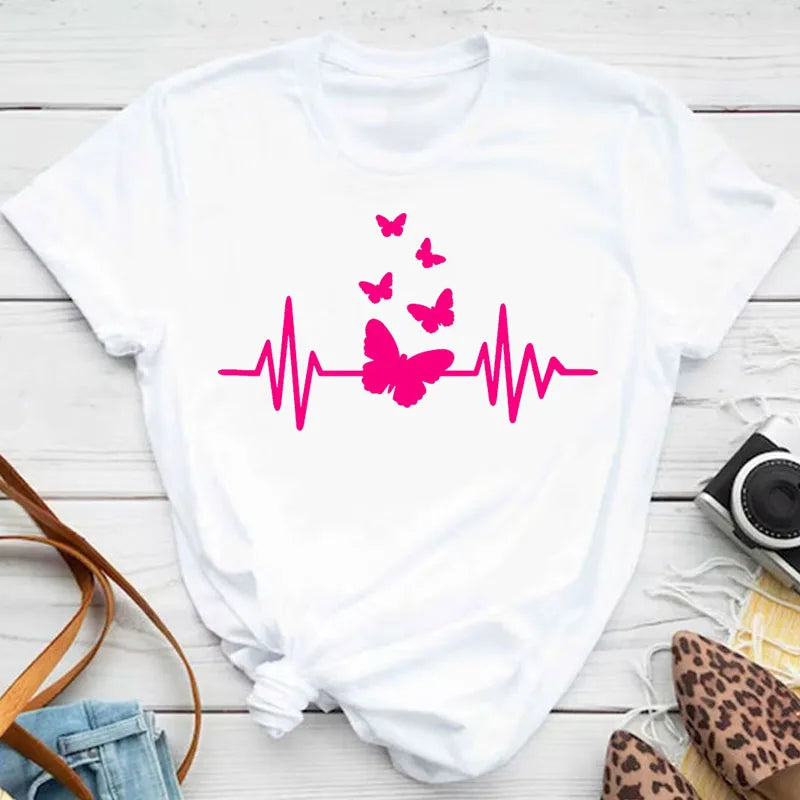 New Blue Butterfly Floral Printed T-Shirt Women's Summer Casual Short Sleeve O-neck Tops 90s Fashion Graphic Female Tops Tees