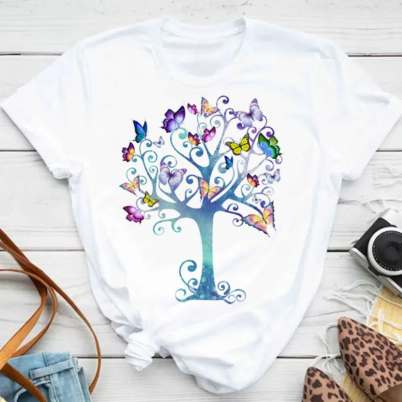 New Blue Butterfly Floral Printed T-Shirt Women's Summer Casual Short Sleeve O-neck Tops 90s Fashion Graphic Female Tops Tees