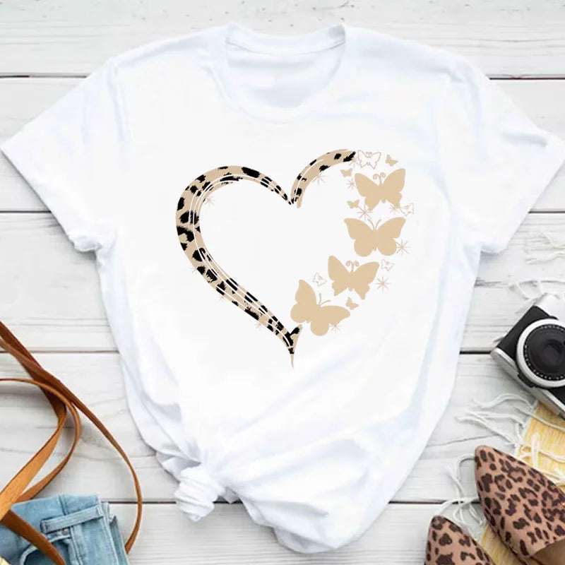 New Blue Butterfly Floral Printed T-Shirt Women's Summer Casual Short Sleeve O-neck Tops 90s Fashion Graphic Female Tops Tees