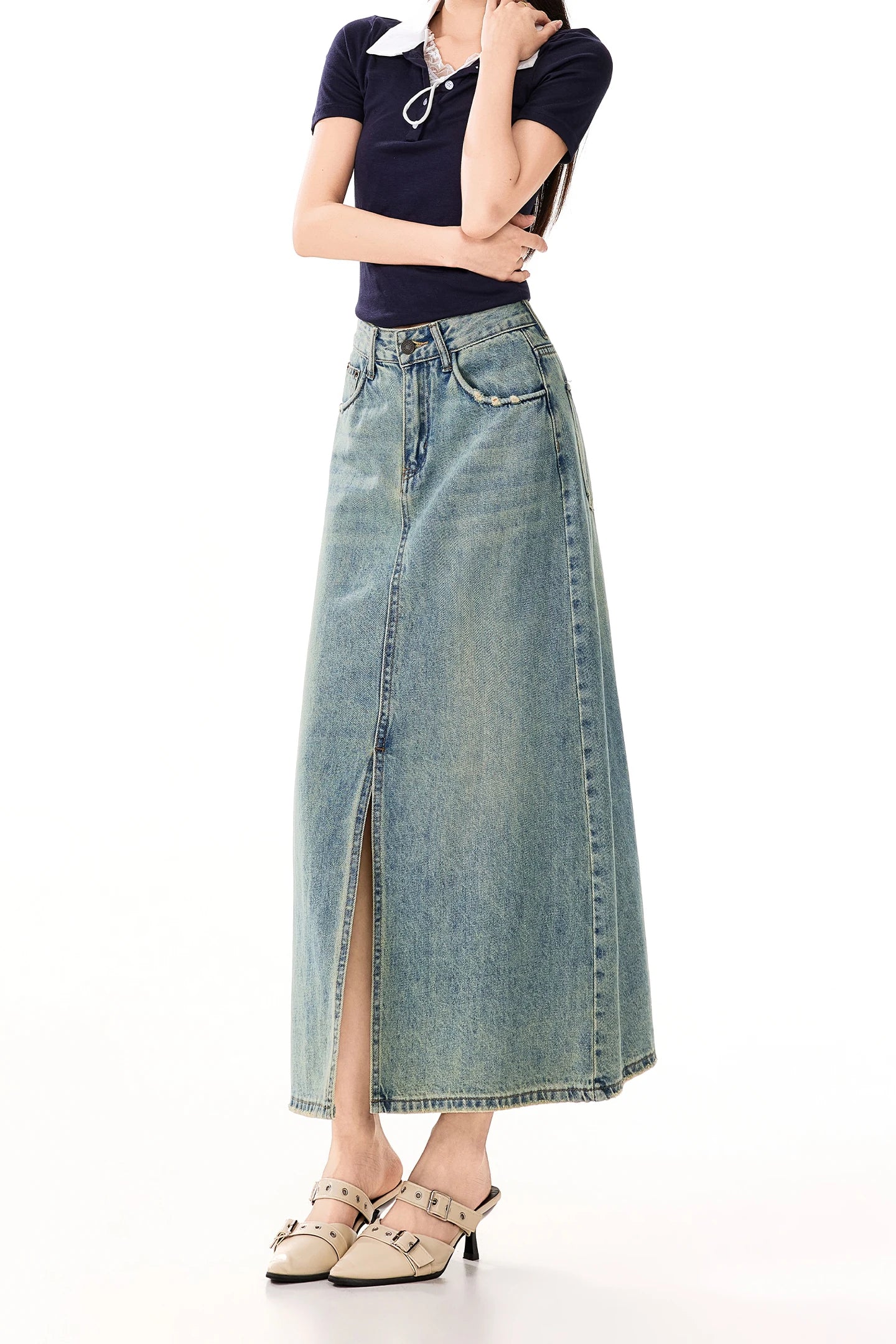 2026 Spring/Summer New American Casual Retro Denim Midi Skirt with Slit, High Waist, and Bodycon Design