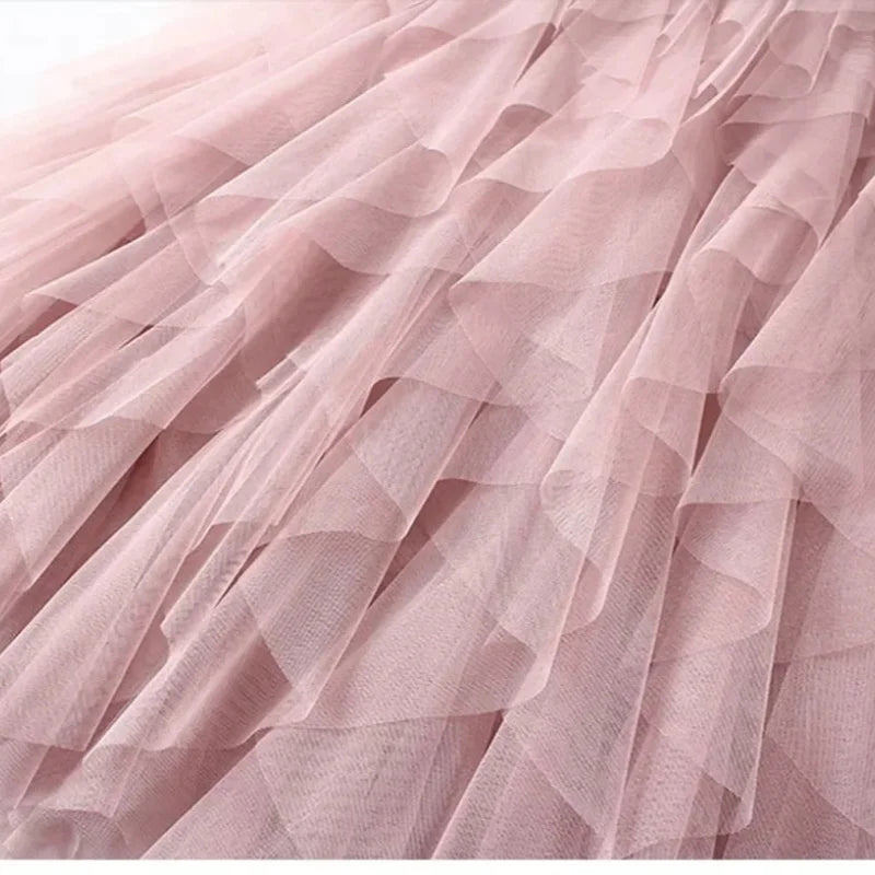 Womens Elastic High Waist Tulle Mesh Irregular Tutu Skirt gauze skirt  spring and summer new pleated A-line skirt in the long hi