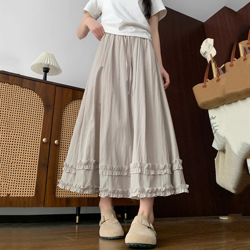 Summer Solid Color Ruffles Long Skirts Women Comfortable Elastic Waist Sweet Skirt Woman 2026 Korean Ice Silk A Line Midi Skirts
