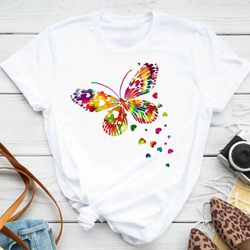 New Blue Butterfly Floral Printed T-Shirt Women's Summer Casual Short Sleeve O-neck Tops 90s Fashion Graphic Female Tops Tees