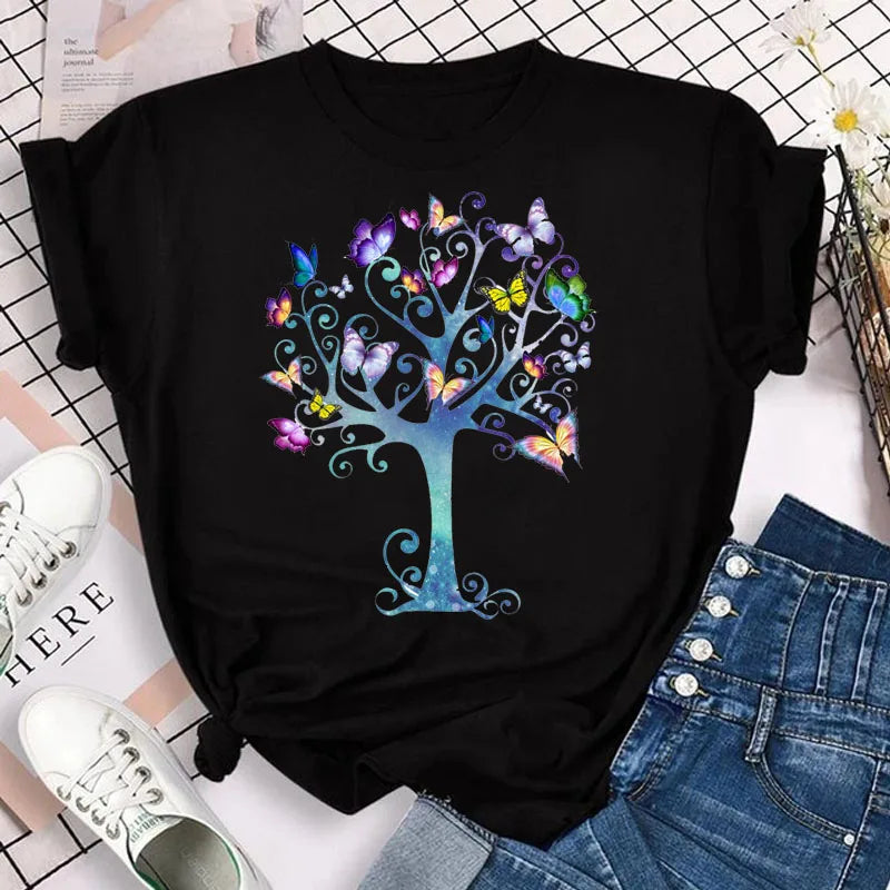 New Blue Butterfly Floral Printed T-Shirt Women's Summer Casual Short Sleeve O-neck Tops 90s Fashion Graphic Female Tops Tees