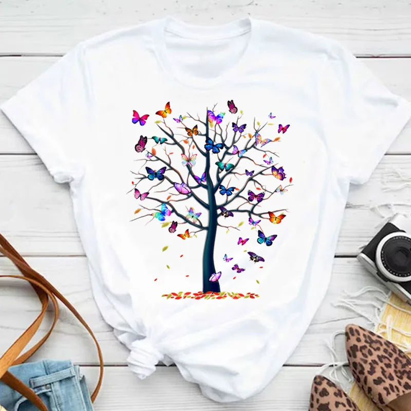 New Blue Butterfly Floral Printed T-Shirt Women's Summer Casual Short Sleeve O-neck Tops 90s Fashion Graphic Female Tops Tees