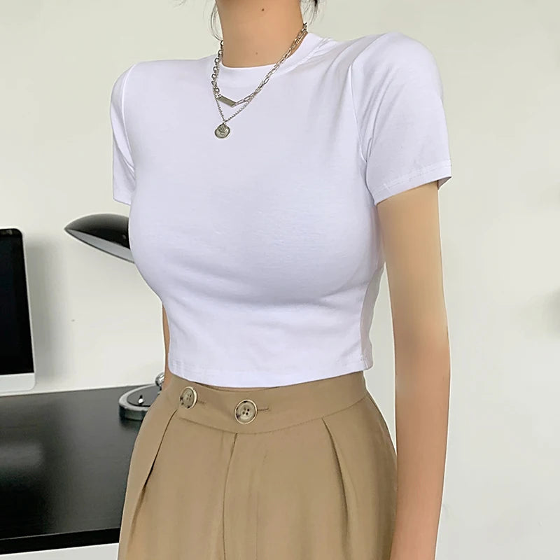 Zjaiss 2026 Summer New Women's Short Sleeve T-Shirt Trendy Casual Versatile Solid Color Tops Korean Style Slim O-neck Tee