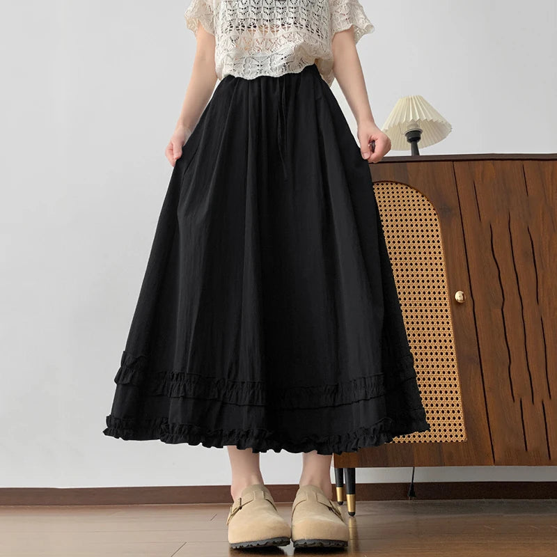 Summer Solid Color Ruffles Long Skirts Women Comfortable Elastic Waist Sweet Skirt Woman 2026 Korean Ice Silk A Line Midi Skirts