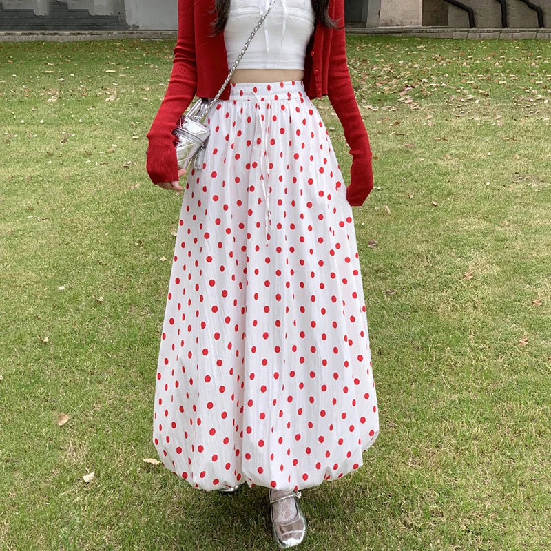 Red Wave Point Flower Bud Skirts Women Korean Elastic High Waist A Line Long Skirt Woman Japanese Summer Puffy Skirts Female