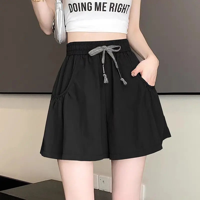 Women's Summer 2026 Thin Skirt Yoga Hot Pants Ice Silk Yamamoto Wide Leg Shorts Solid Color Pocket Lace Up Short Pants