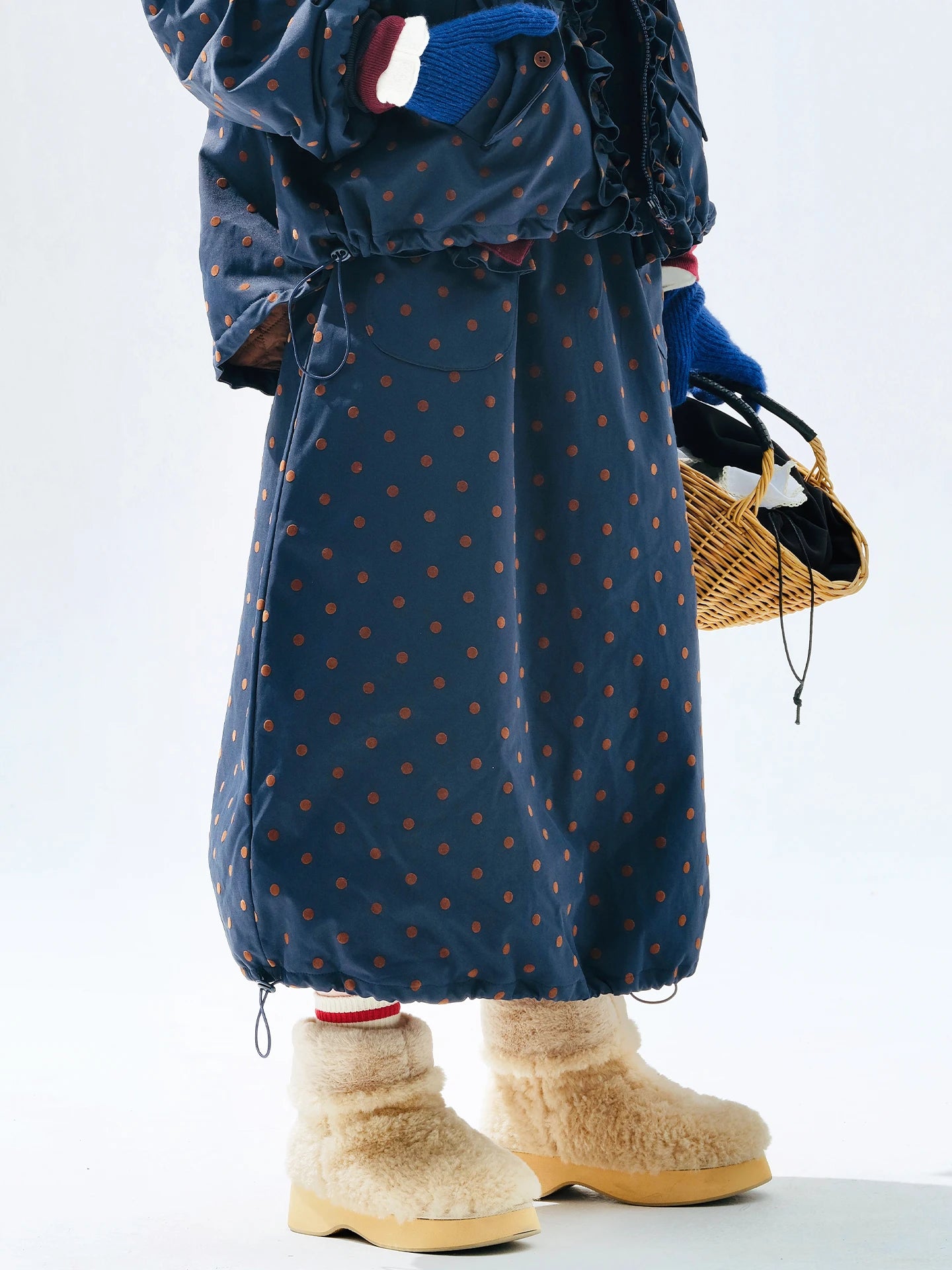 Blue A-Line Vintage Polka Dot Cotton Skirt | imakokoni 2025 Winter - Commuting Casual All-Match Warm Midi Skirt 255282