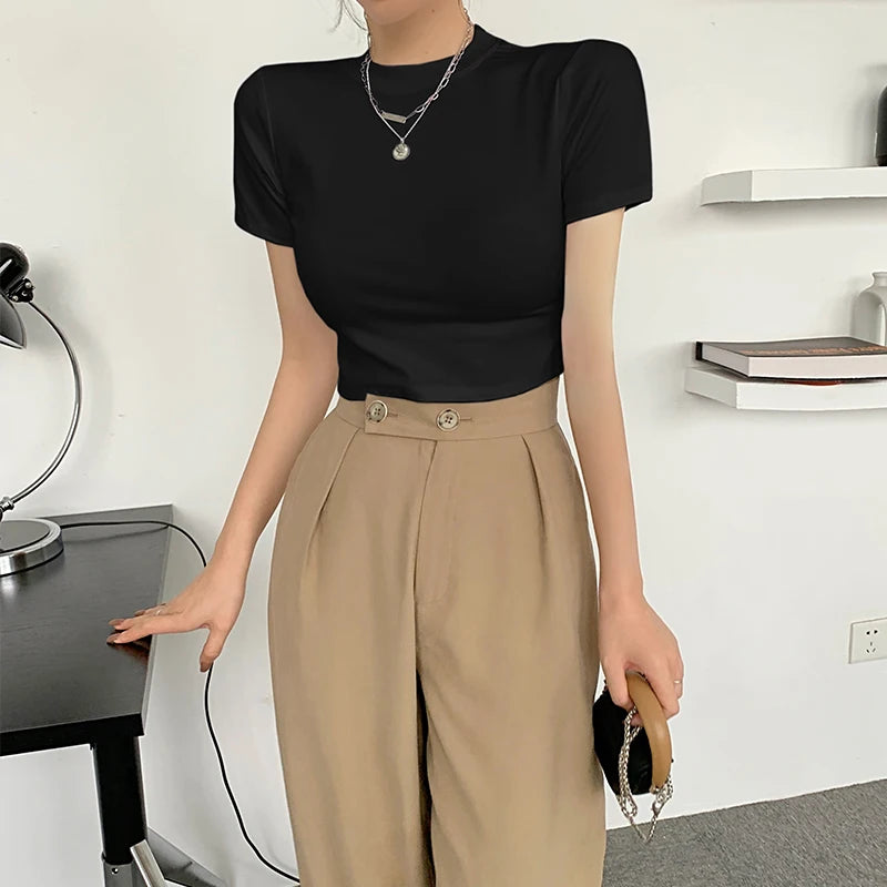 Zjaiss 2026 Summer New Women's Short Sleeve T-Shirt Trendy Casual Versatile Solid Color Tops Korean Style Slim O-neck Tee