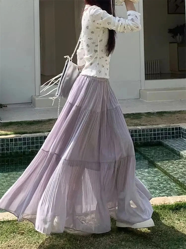 2025 Spring and Summer New pleated A-line skirt in the long high waist thin gauze skirt  Lady Girl Skirt Chic Elegant Long Skirt