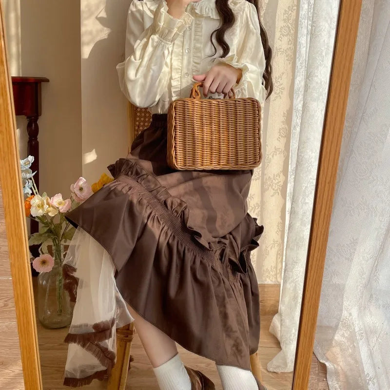 Qiukichonson Mid Long Skirt Women 2023 Patchwork Mesh Lolita Spring Summer High Waisted Ruffles Asymmetrical Maxi Skirt rok
