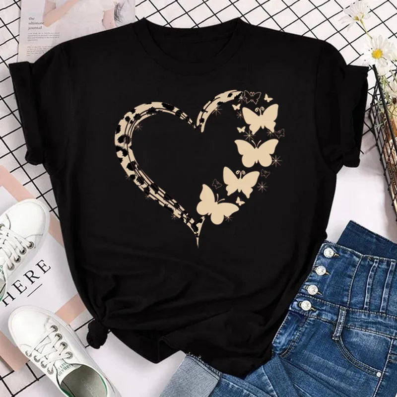 New Blue Butterfly Floral Printed T-Shirt Women's Summer Casual Short Sleeve O-neck Tops 90s Fashion Graphic Female Tops Tees