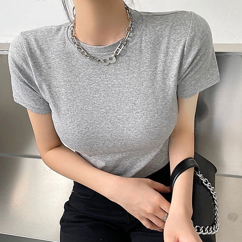 Zjaiss 2026 Summer New Women's Short Sleeve T-Shirt Trendy Casual Versatile Solid Color Tops Korean Style Slim O-neck Tee