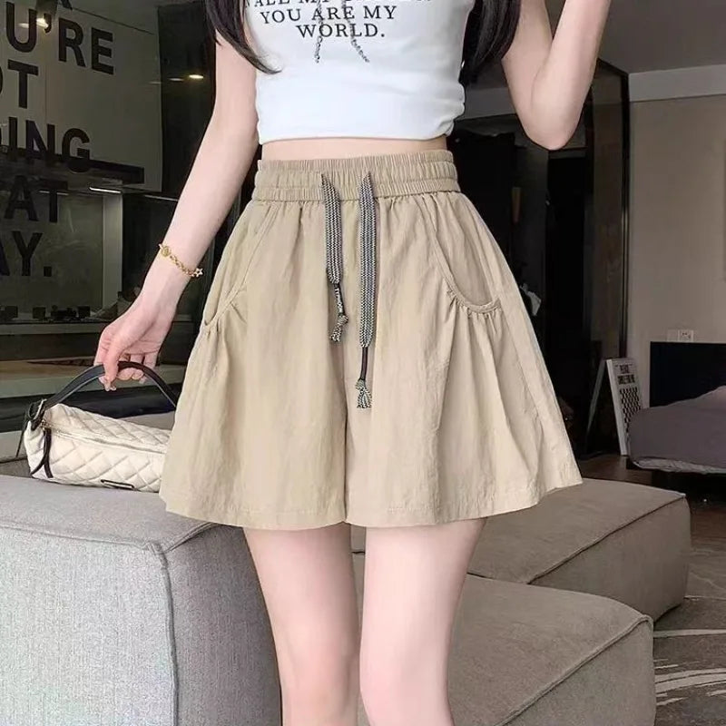 Women's Summer 2026 Thin Skirt Yoga Hot Pants Ice Silk Yamamoto Wide Leg Shorts Solid Color Pocket Lace Up Short Pants