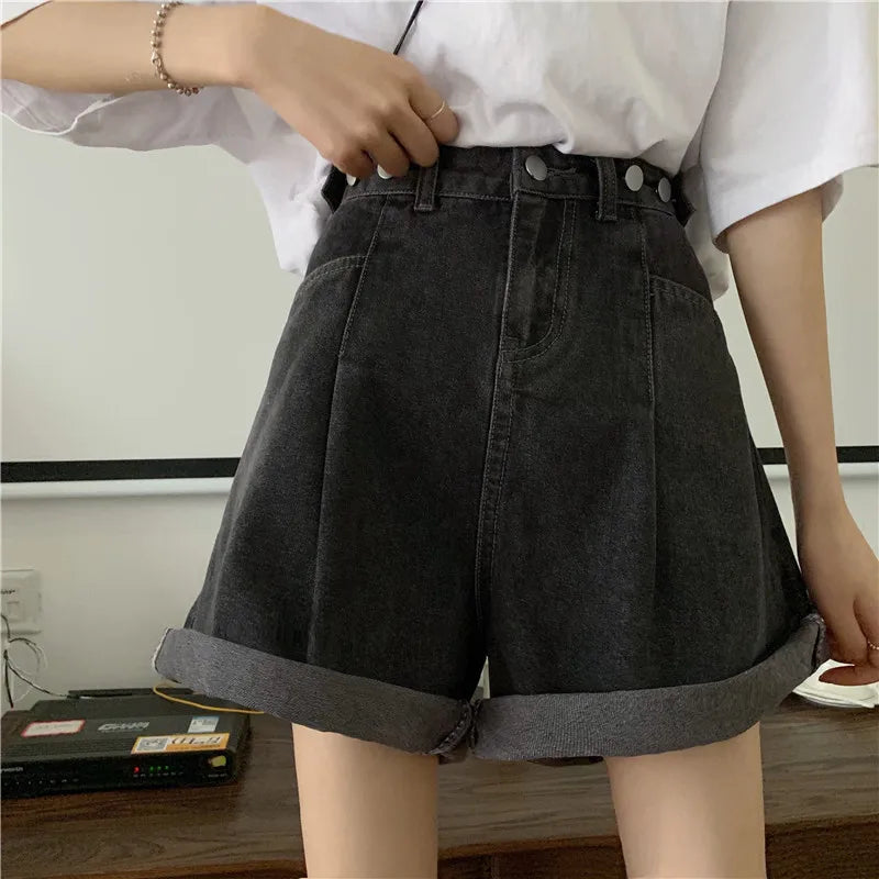 Women High Waist Denim Shorts 2024 Summer Wide Leg Straight Short Pants Vintage Streetwear Thin Female Casual Loose Jeans Shorts