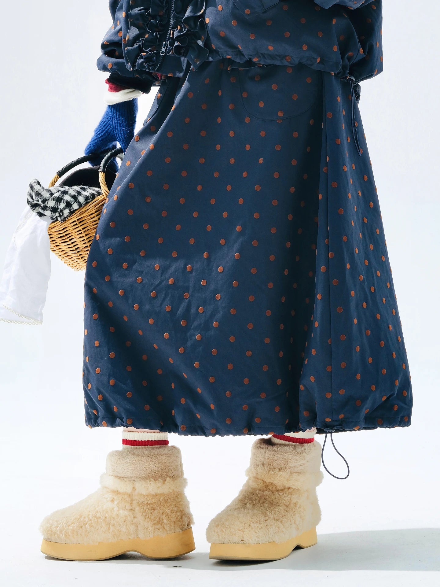 Blue A-Line Vintage Polka Dot Cotton Skirt | imakokoni 2025 Winter - Commuting Casual All-Match Warm Midi Skirt 255282