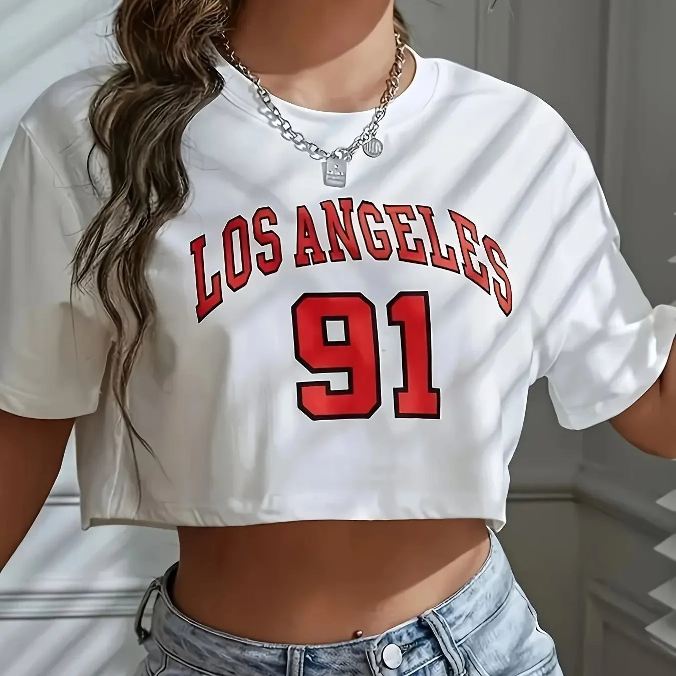T Shirt Los Angeles Number 91 Brooklyn Graphic Round Neck Sports Crop T-shirt Casual Crop Top Women Cropped