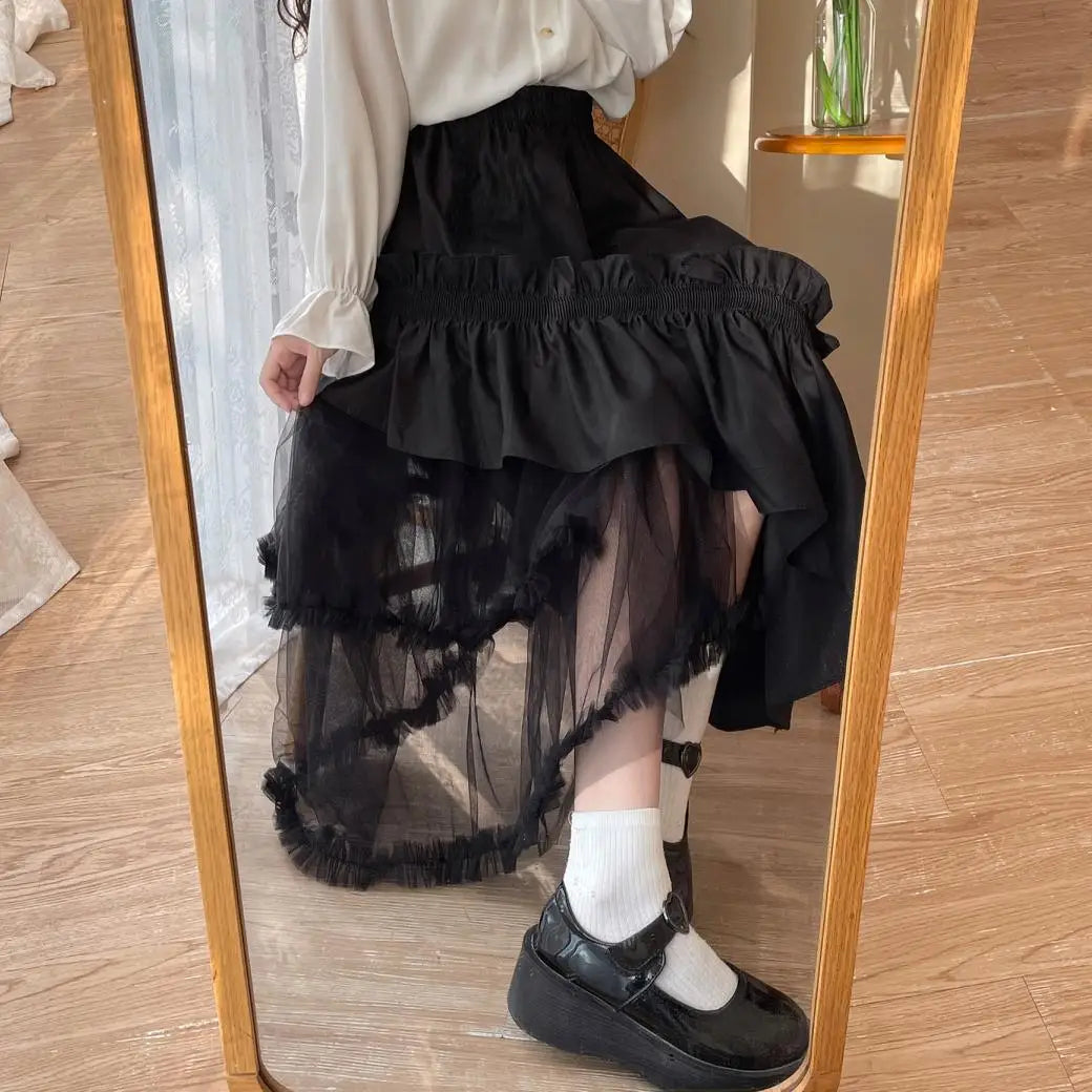 Qiukichonson Mid Long Skirt Women 2023 Patchwork Mesh Lolita Spring Summer High Waisted Ruffles Asymmetrical Maxi Skirt rok