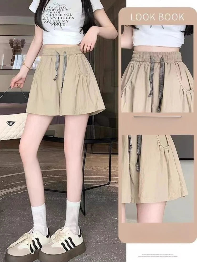 Women's Summer 2026 Thin Skirt Yoga Hot Pants Ice Silk Yamamoto Wide Leg Shorts Solid Color Pocket Lace Up Short Pants