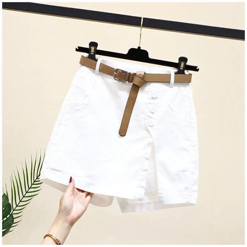 Women's Summer with Belt Cotton Shorts New Korean Joker Fashion Button High Waist A-word Pants Skirt