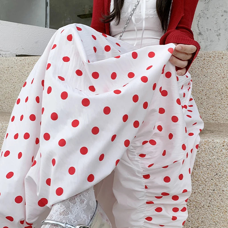 Red Wave Point Flower Bud Skirts Women Korean Elastic High Waist A Line Long Skirt Woman Japanese Summer Puffy Skirts Female
