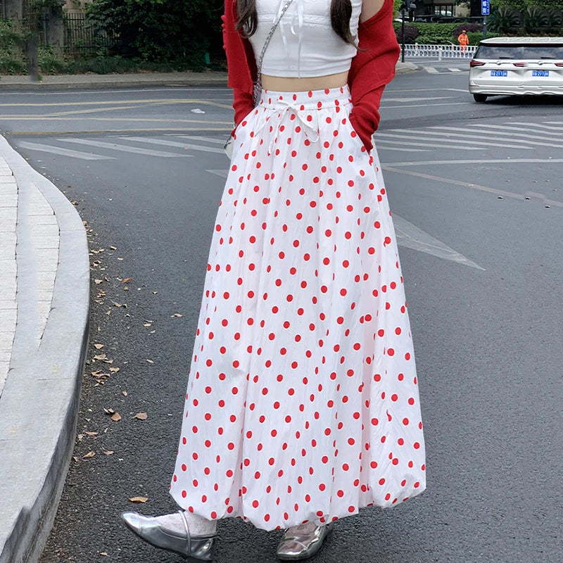 Red Wave Point Flower Bud Skirts Women Korean Elastic High Waist A Line Long Skirt Woman Japanese Summer Puffy Skirts Female