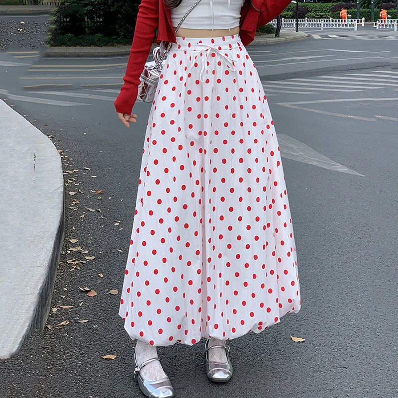 Red Wave Point Flower Bud Skirts Women Korean Elastic High Waist A Line Long Skirt Woman Japanese Summer Puffy Skirts Female