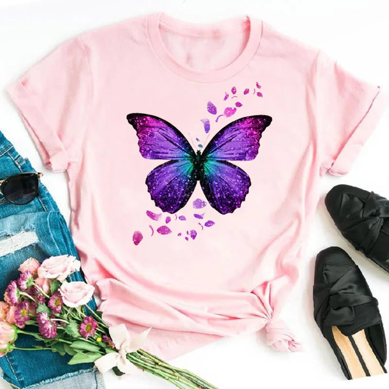New Blue Butterfly Floral Printed T-Shirt Women's Summer Casual Short Sleeve O-neck Tops 90s Fashion Graphic Female Tops Tees